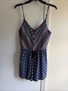Xhilaration Navy Printed Smocked Romper with Adjustable Straps